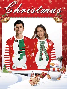 Close-up of a red two-person Christmas sweater with snowman prints and striped sleeves