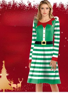 Detalle del vestido de elfo navideño a rayas verdes con estampado digital de cinturón