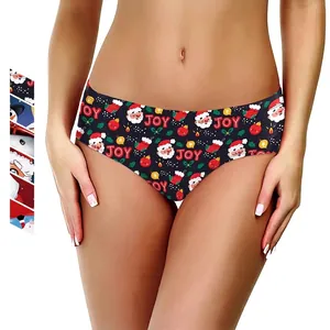 Women's Christmas Panties Milk Silk Breathable Low Waist Lingerie With Santa Claus Snowman Printed Holiday Festive Underwear
