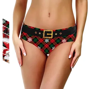 Women Christmas Panties Red Plaid Snowflake Digital Print Low Waist Sexy Tartan Cat Dog Pattern Festive Lingerie Underwear