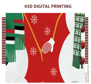 Detailed close-up of 3D digital Christmas snowman print on red and white festive sweater