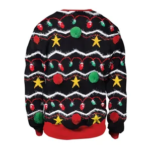3D digital Christmas bells and bulbs print sweatshirt with festive textured pom-poms