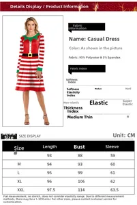 Size guide for Christmas striped long sleeve dress with fabric material and measurements
