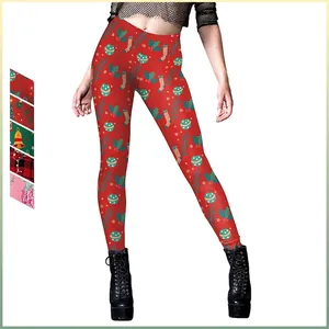 Women's Christmas Holiday Print Leggings High Waist Slim Stretchy Pants Buffalo Plaid Reindeer Snowflake Festive Trousers