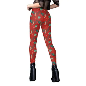 Women's Christmas print leggings with festive socks and ornaments on red background