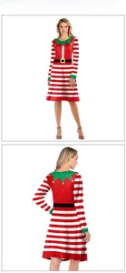 Detail of Christmas elf long sleeve dress featuring festive stripe patterns and belt print