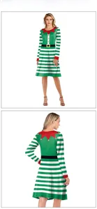 Vista frontal y trasera del vestido de elfo de Navidad para mujer con rayas verdes