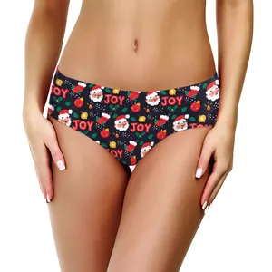 Women Christmas brief panties with Santa and JOY print on black stretch fabric