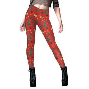 Women's Christmas leggings featuring festive reindeer and tree patterns on red fabric