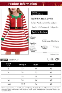 Detailed size chart for Christmas striped dress showing length, bust, and sleeve dimensions