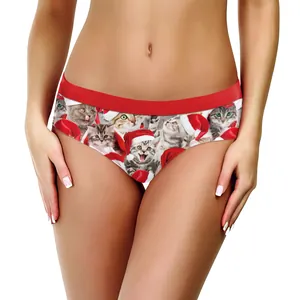 Women's Christmas cat print panties with red elastic waistband and snowflake pattern