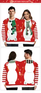 Front and back detail of conjoined Christmas sweater with 3D snowman and striped sleeves