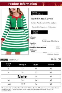 Tabla de tallas detallada para vestido de fiesta de Navidad con medidas del tejido