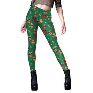 Women's Christmas leggings featuring reindeer and bell digital prints in festive green color