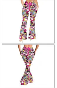 Vue détaillée avant et arrière du pantalon patte d'eph de Noël à taille haute avec motifs