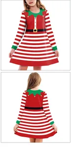Detailed front and back view of girls striped Christmas elf dress with gold buckle