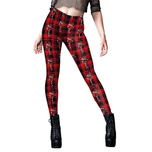 Women's Christmas leggings featuring festive wine glass prints on red and black plaid fabric