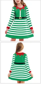 Vista frontal y trasera del vestido de elfo de Navidad para niñas con rayas verdes