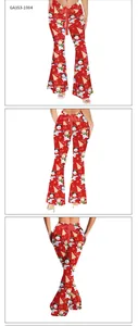 Vues détaillées de leggings évasés de Noël rouges avec imprimés bonshommes de neige