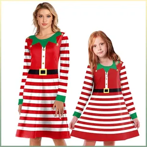 Women Kids Christmas Elf Dress Striped Long Sleeve Matching Family Holiday Party Digital Print A-Line Casual Outfits