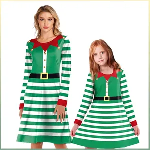 Disfraz de Elfo de Navidad Mujeres Niñas Vestido Midi Rayas Verdes Blancas Impresión Digital 3D Manga Larga Cuello Redondo Línea A Fiesta
