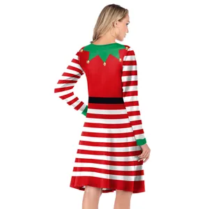 Back view of Christmas elf style long sleeve striped dress with green collar and bells