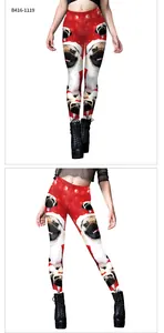 Détails du legging de Noël B416-1119 avec imprimés carlins rouges et taille haute