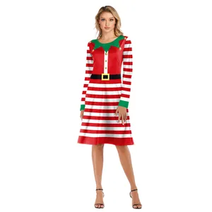 Christmas striped elf dress with long sleeves and festive graphic prints for women