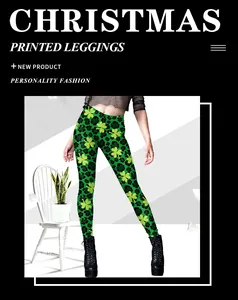 Detail of high-waisted shamrock print leggings for St. Patrick's Day with stretchy fabric