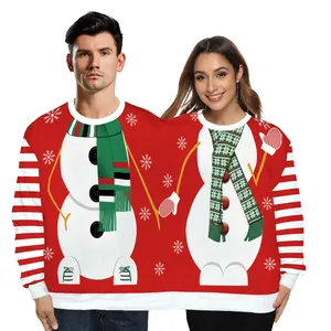Christmas two-person couple sweater featuring festive snowman prints and striped sleeves