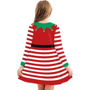 Kids Christmas elf dress with red and white stripes and green collar shown from back view