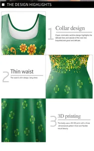 Détail de la robe de la Saint-Patrick avec trèfles verts et impression numérique florale