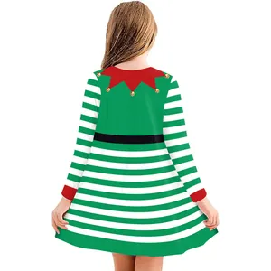 Vestido de elfo navideño para niños con rayas verdes y cuello festivo visto por detrás