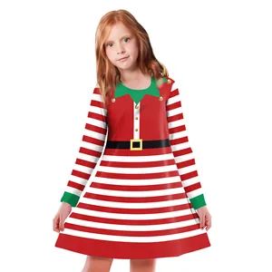 Christmas elf style long sleeve girl dress with red white stripes and gold belt print