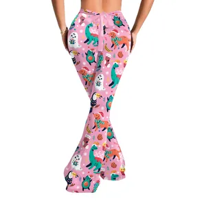 Pantalon évasé rose de Noël pour femmes avec motifs dinosaures et nœud en ruban au dos