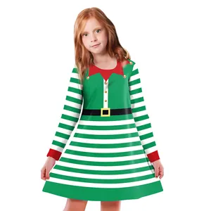 Vestido de disfraz de elfo de Navidad para niñas con rayas verdes y estampado digital