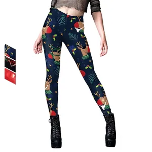 Leggings de Noël pour Femmes avec Imprimé Renne Taille Haute Coupe Ajustée Pantalon de Yoga Extensible pour Fête de Nouvel An Vêtement Festif