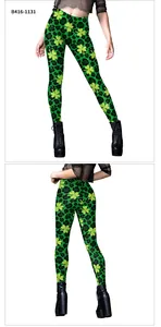 Detail of St. Patrick's Day leggings with green clover and leopard print design