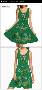 Vue de face et détail d'une robe trapèze verte avec motif abstrait coloré de St. Patrick