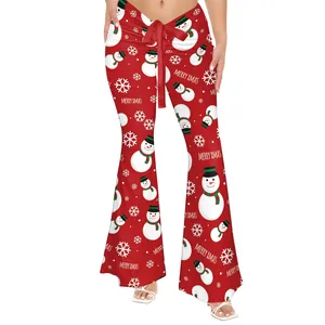 Pantalon de yoga évasé rouge pour femme avec imprimés bonhomme de neige et ruban