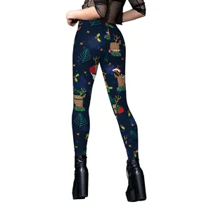 Leggings de Noël bleu foncé pour femmes avec imprimé rennes et flocons pour yoga et fitness