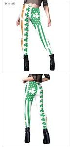 Front and back view of high-waist yoga leggings with St. Patrick's Day clover digital print