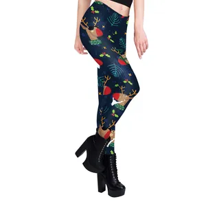Leggings de Noël pour femmes bleu foncé avec imprimés rennes et flocons de neige