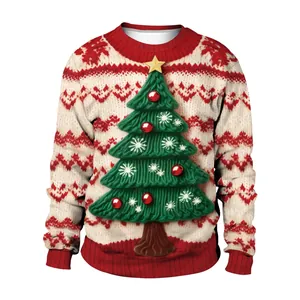 Ronde hals sweatshirt met kerstboomprint in feestelijke rode, witte en groene kleuren