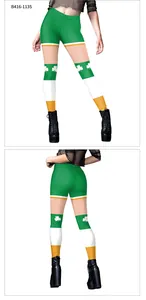 Front and back detail of St. Patrick's Day leggings with green stripes and clover patterns