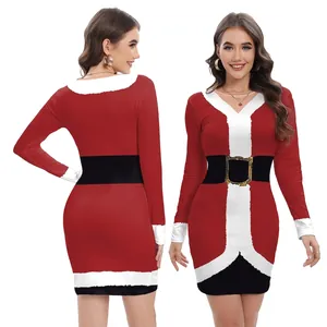 Γυναικείο Χριστουγεννιάτικο Φόρεμα Bodycon Στυλ Άγιος Βασίλης Λαιμόκοψη V Μακρύ Μανίκι Κόκκινο Λευκό για Πάρτι