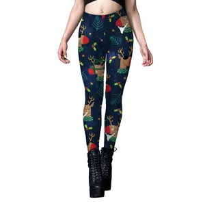 Leggings de Noël pour femmes avec imprimé élan bleu marine, pantalon de yoga stretch festif