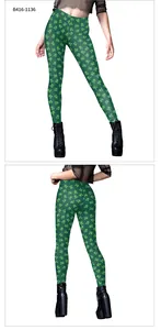 Detail of St. Patrick's Day green clover print leggings with high-waist stretch fit