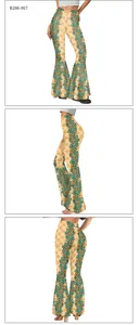 Three-way view of St. Patrick's Day bell-bottom pants with green shamrock prints
