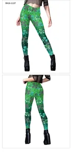 Front and back detail of green St. Patrick's Day leggings with shamrock print